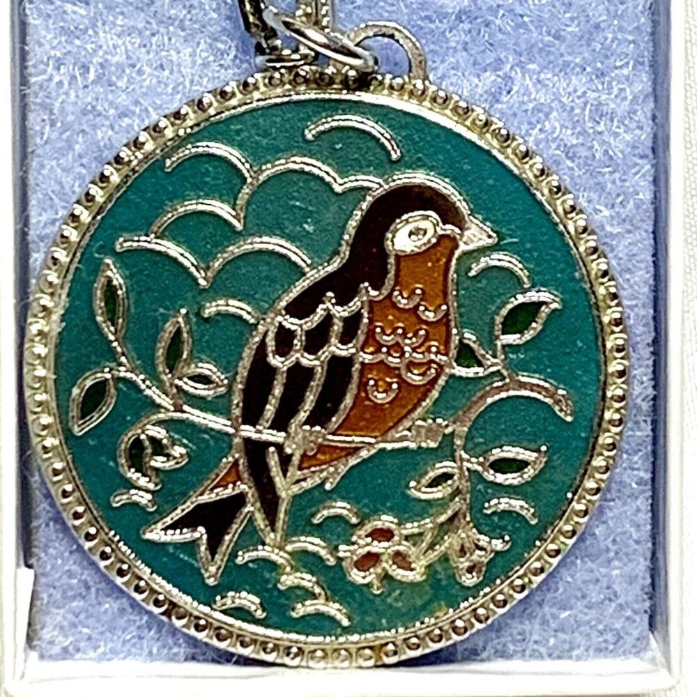 SARAH COVENTRY Enamel Robin Bird Pendant Silver Toned  24” Necklace VTG